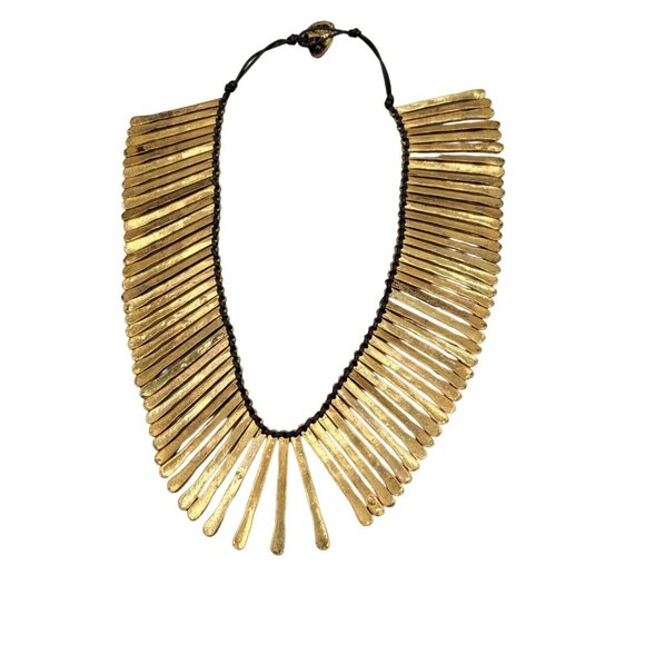 Sun Ray Bib Necklace Gold Tone with Black Cord Button Closure - Picture 7 of 8